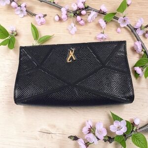 Artistry Black Geometric Faux Leather Evening Clutch Makeup Bag Gold Logo